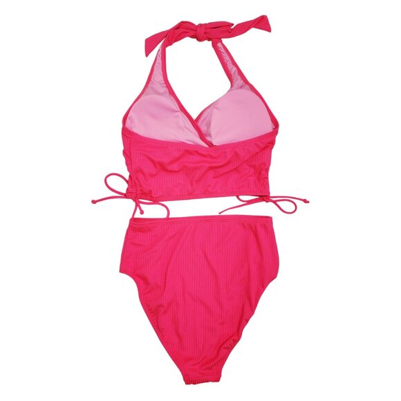 Hot Pink Womens Ribbed Halter High-Waisted Bikini Set Adjustable Ties Size M - Picture 2 of 5